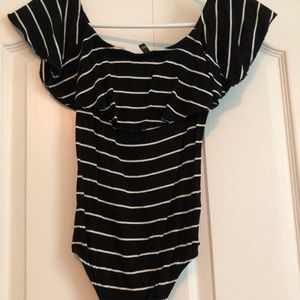 black & white stripped off the shoulder body suit